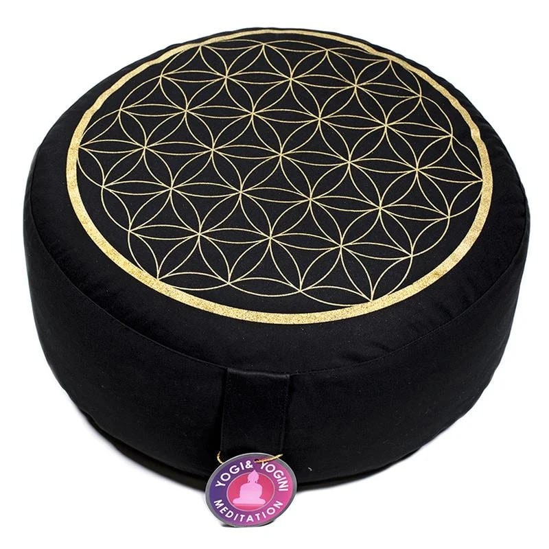 Coussin de méditation - Fleur de Vie imprimé en or sur noir
