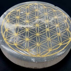 Plaque Sélénite Fleur de Vie Dorée
