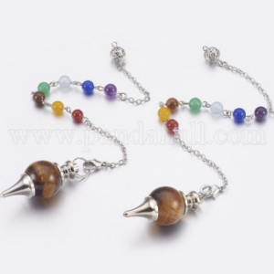 Pendule Sephoroton en Oeil de Tigre, accessoires en laiton, chakra, ronde, platine