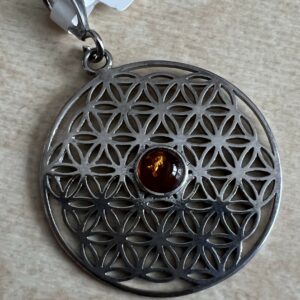 Pendentif argent Ambre et fleur de vie