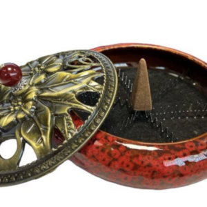 Brûle encens Céramique rouge avec tapis ininflammable