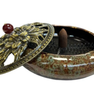 Brûle encens Céramique marron et bleu avec tapis ininflammable